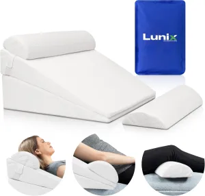 Lunix 4pcs Orthopedic Bed Wedge Pillow Set, Post Surgery Memory Foam for Back, Leg, and Knee Pain Relief, Adjustable Sitting Pillow for Sleeping, Acid Reflux, and GERD, with Hot Cold Pack, White