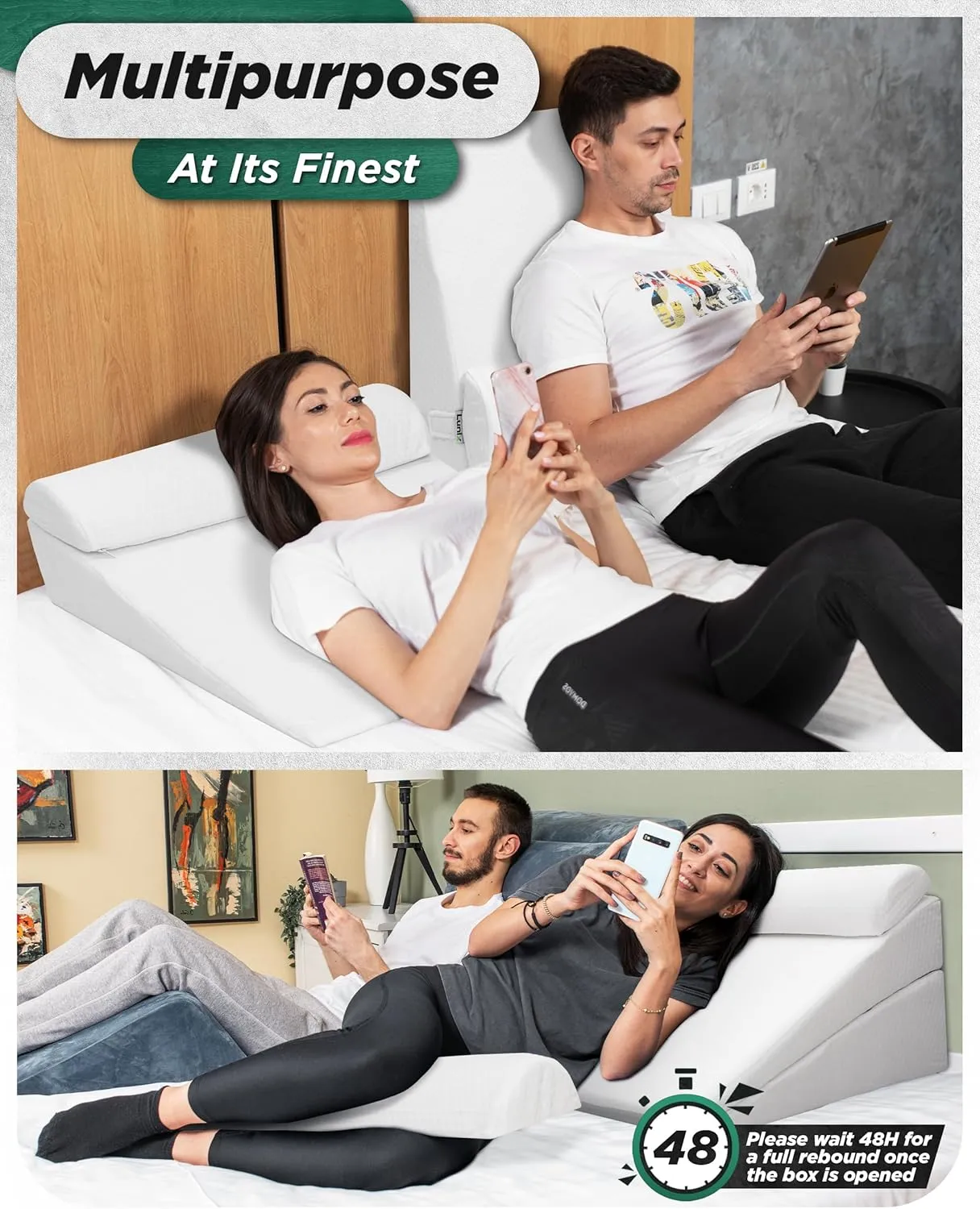 Lunix 4pcs Orthopedic Bed Wedge Pillow Set, Post Surgery Memory Foam for Back, Leg, and Knee Pain Relief, Adjustable Sitting Pillow for Sleeping, Acid Reflux, and GERD, with Hot Cold Pack, White