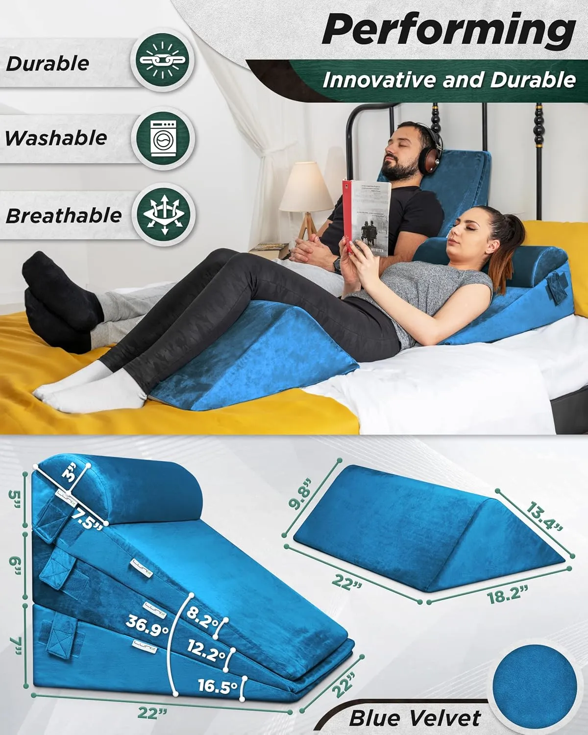Lunix 5pcs Orthopedic Bed Wedge Pillow Set, Post Surgery Memory Foam for Back, Leg, and Knee Pain Relief, Adjustable Sitting Pillow for Sleeping, Acid Reflux, and GERD, with Hot Cold Pack, Blue