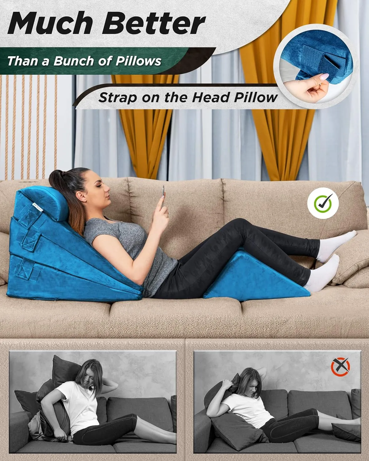 Lunix 5pcs Orthopedic Bed Wedge Pillow Set, Post Surgery Memory Foam for Back, Leg, and Knee Pain Relief, Adjustable Sitting Pillow for Sleeping, Acid Reflux, and GERD, with Hot Cold Pack, Blue
