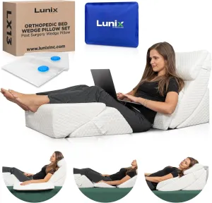 Lunix 6pcs Orthopedic Bed Wedge Pillow Set, Post Surgery Memory Foam for Back, Neck, and Leg Pain Relief, Adjustable Sitting Pillow for Sleeping, Acid Reflux and GERD, Hot Cold Pack, White