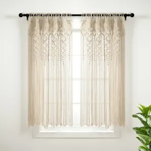 Lush Decor Boho Macrame Textured Cotton Window Curtain Panel, Single Panel, 40" W x 63" L, Neutral - Doorway Room Divider - Wedding Or Wall Decor - Boho Macrame Curtain