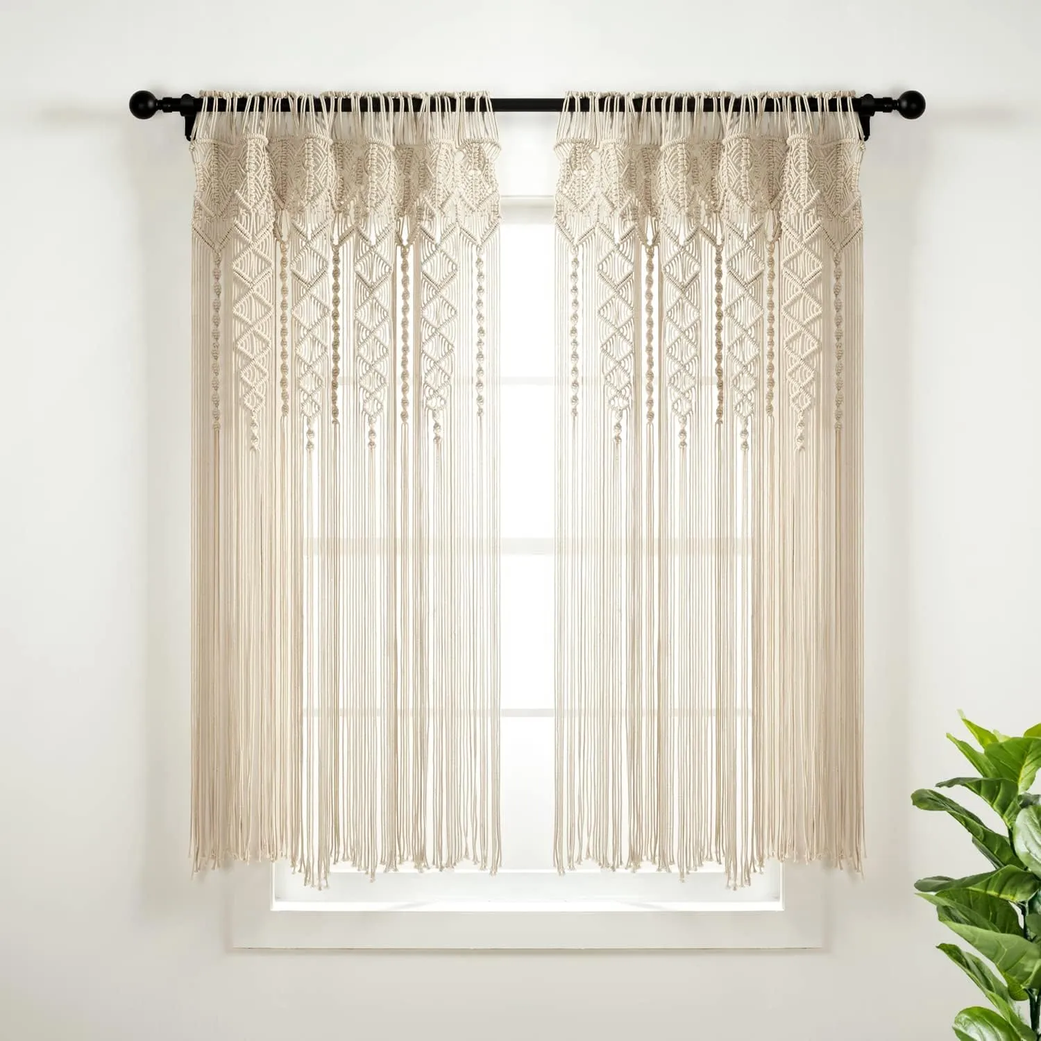 Lush Decor Boho Macrame Textured Cotton Window Curtain Panel, Single Panel, 40" W x 63" L, Neutral - Doorway Room Divider - Wedding Or Wall Decor - Boho Macrame Curtain