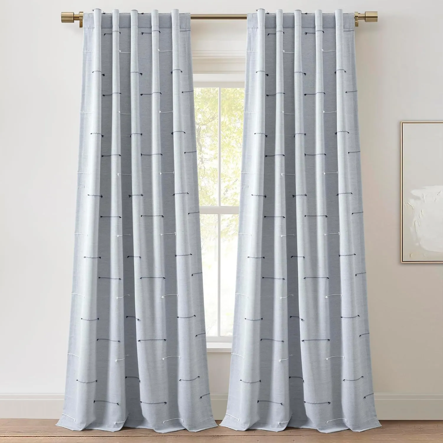 Lush Decor Boho Stripe Clip Jacquard Window Curtain Panels Blue/Navy Pair 42" W x 84" L - Woven Eyelash Drapes for Living Room Bedroom