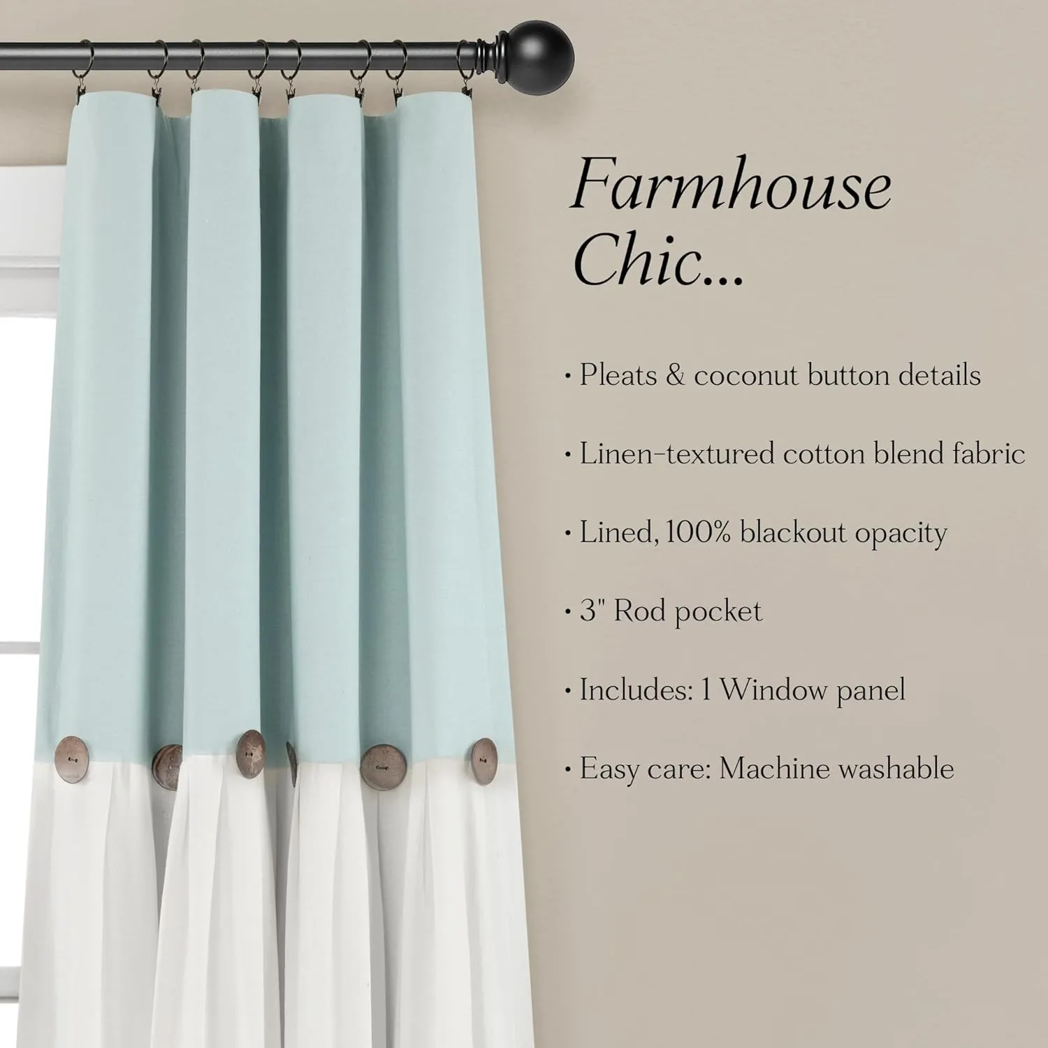 Lush Decor Linen Button 100% Blackout Window Curtain Panel, Single, 40" W x 84" L, Blue & White - Blackout Curtains - Rustic Decor - Country Farmhouse Curtains For Bedroom