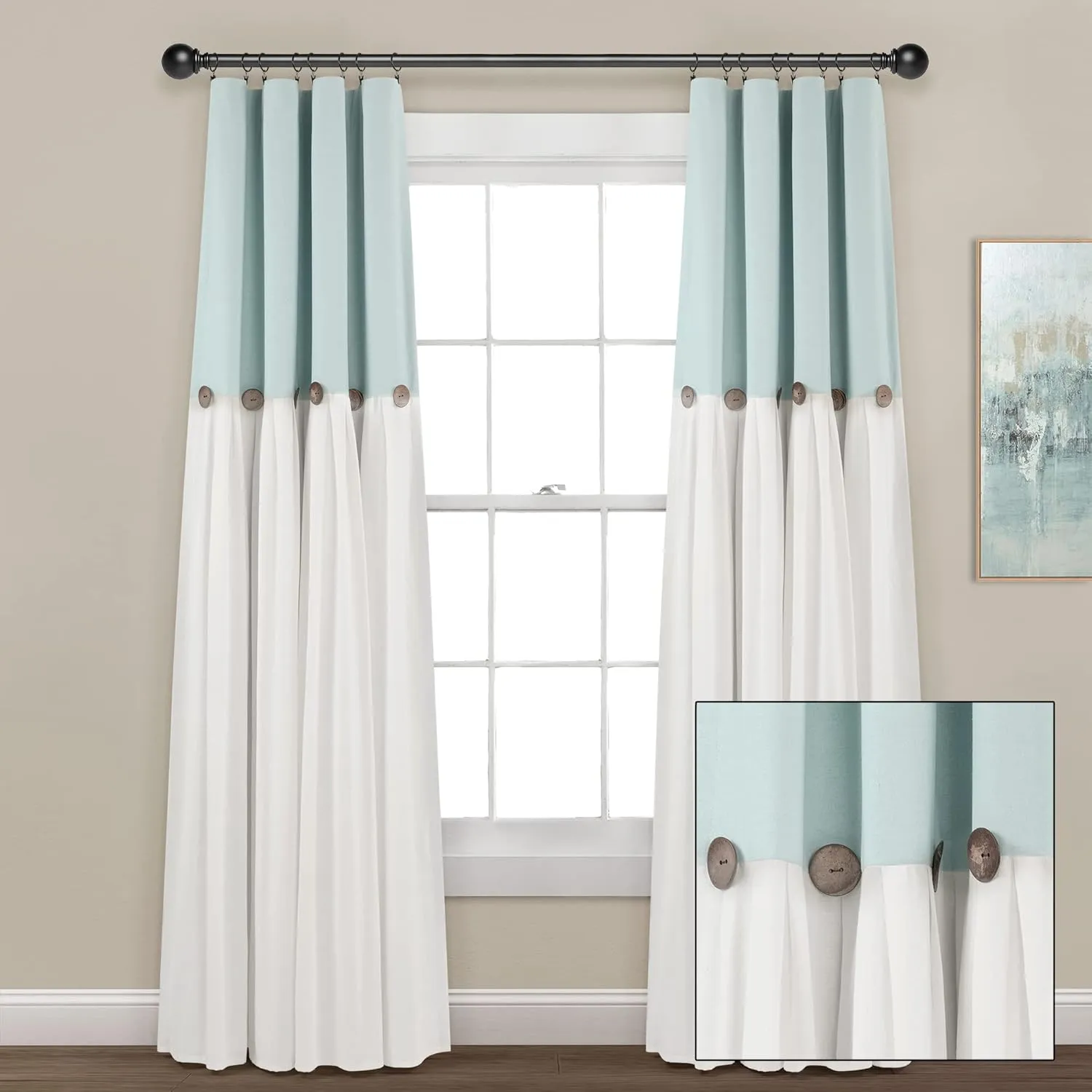 Lush Decor Linen Button 100% Blackout Window Curtain Panel, Single, 40" W x 84" L, Blue & White - Blackout Curtains - Rustic Decor - Country Farmhouse Curtains For Bedroom