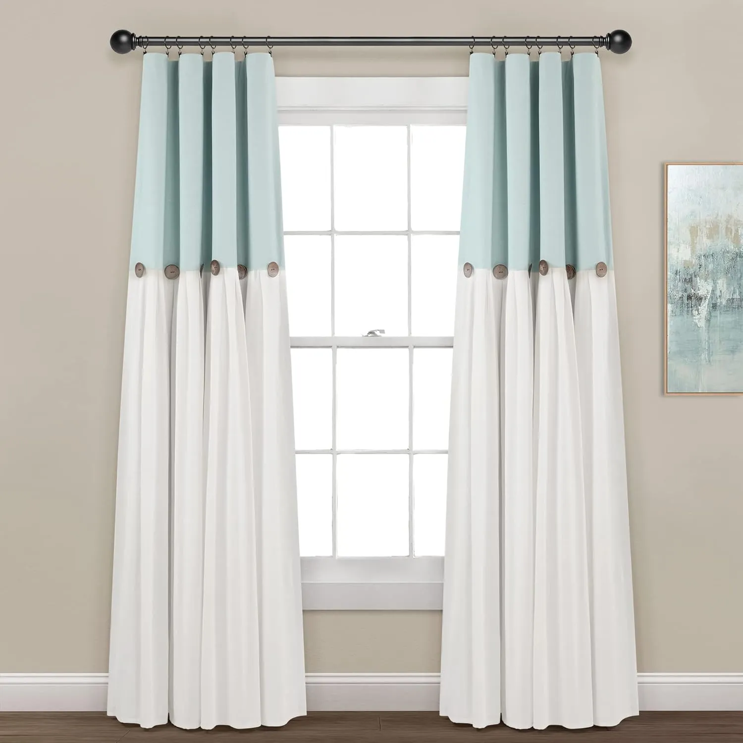 Lush Decor Linen Button 100% Blackout Window Curtain Panel, Single, 40" W x 84" L, Blue & White - Blackout Curtains - Rustic Decor - Country Farmhouse Curtains For Bedroom