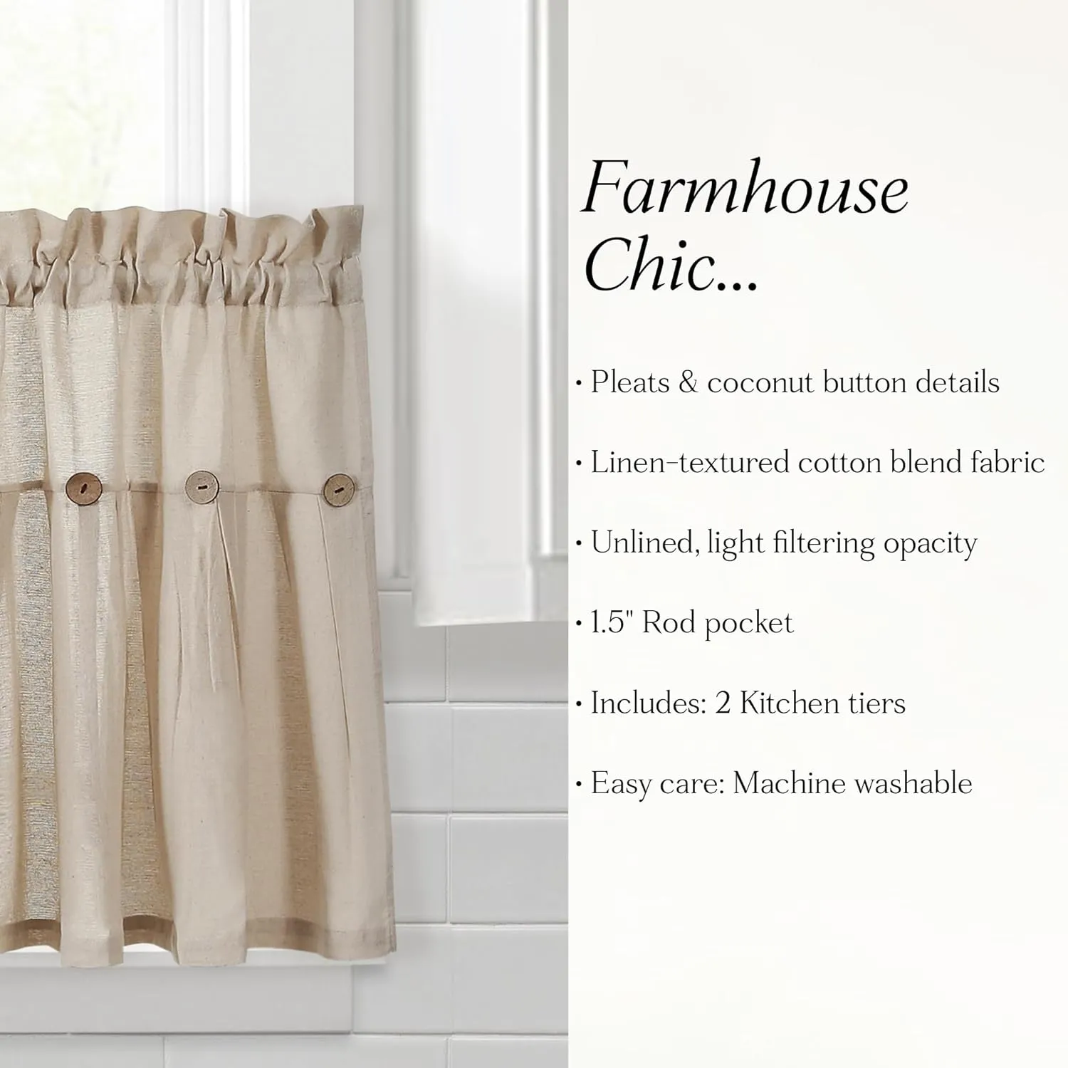 Lush Decor Linen Button Farmhouse Kitchen Tier Set, Pair, 29" W x 24" L, Dark Linen - Cafe Curtains