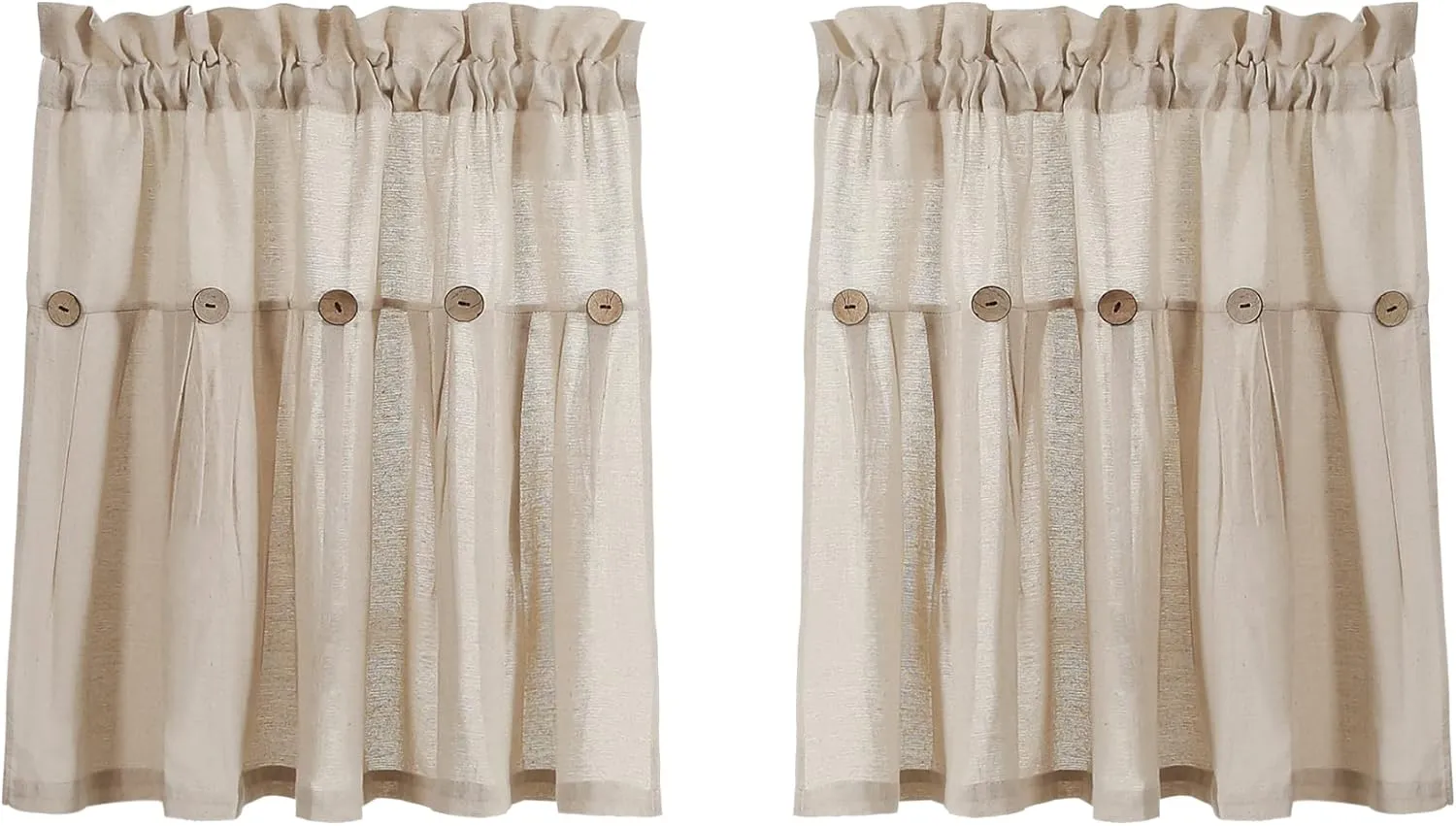 Lush Decor Linen Button Farmhouse Kitchen Tier Set, Pair, 29" W x 24" L, Dark Linen - Cafe Curtains