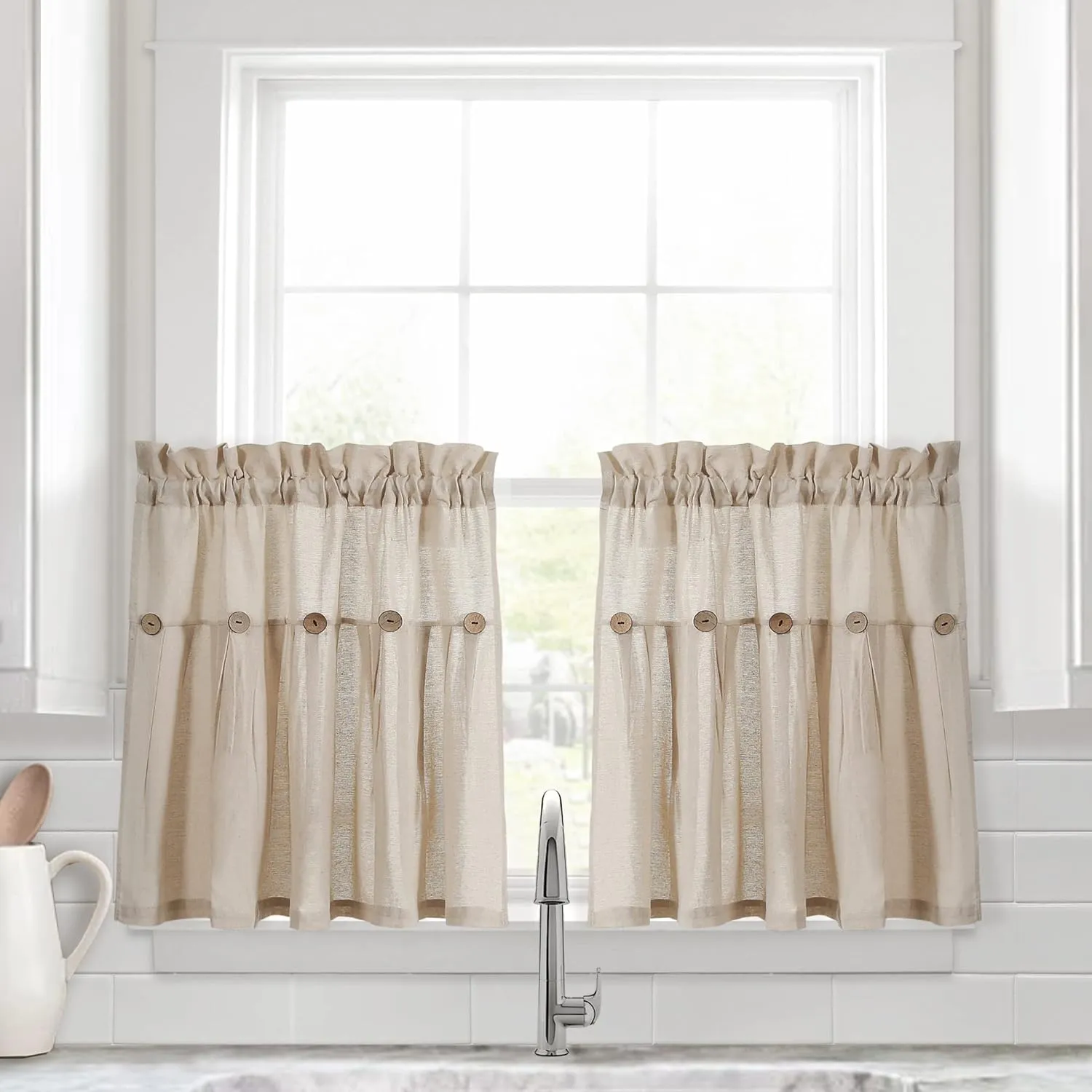 Lush Decor Linen Button Farmhouse Kitchen Tier Set, Pair, 29" W x 24" L, Dark Linen - Cafe Curtains