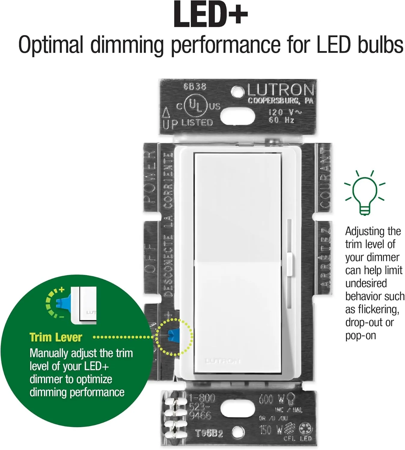 Lutron Diva LED  Dimmer Switch for Dimmable LED, Halogen and Incandescent Bulbs, 150 Watt, Single-Pole or 3-Way, DVCL-153P-AL, Almond