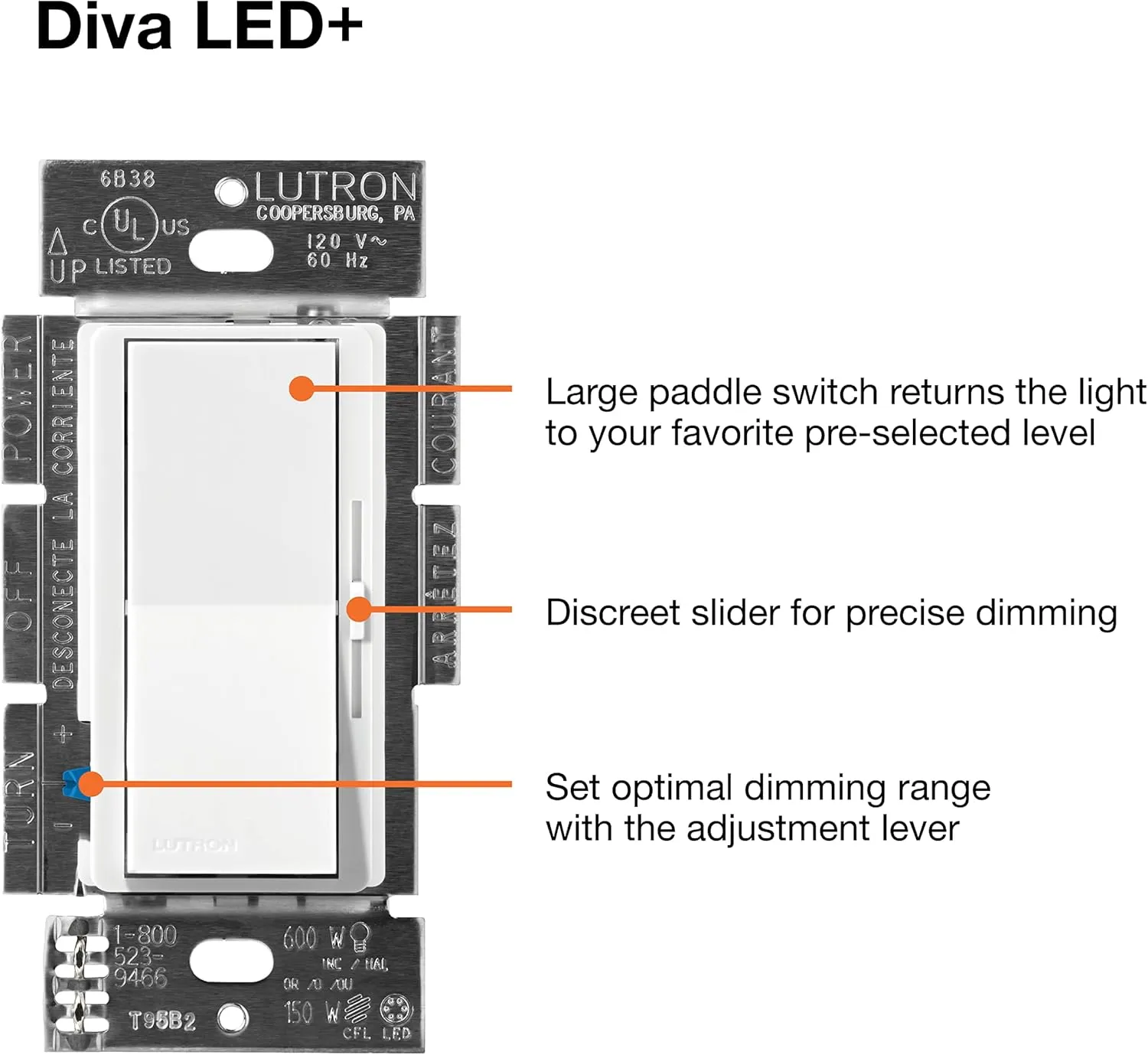 Lutron Diva LED  Dimmer Switch for Dimmable LED, Halogen and Incandescent Bulbs, 150 Watt, Single-Pole or 3-Way, DVCL-153P-AL, Almond