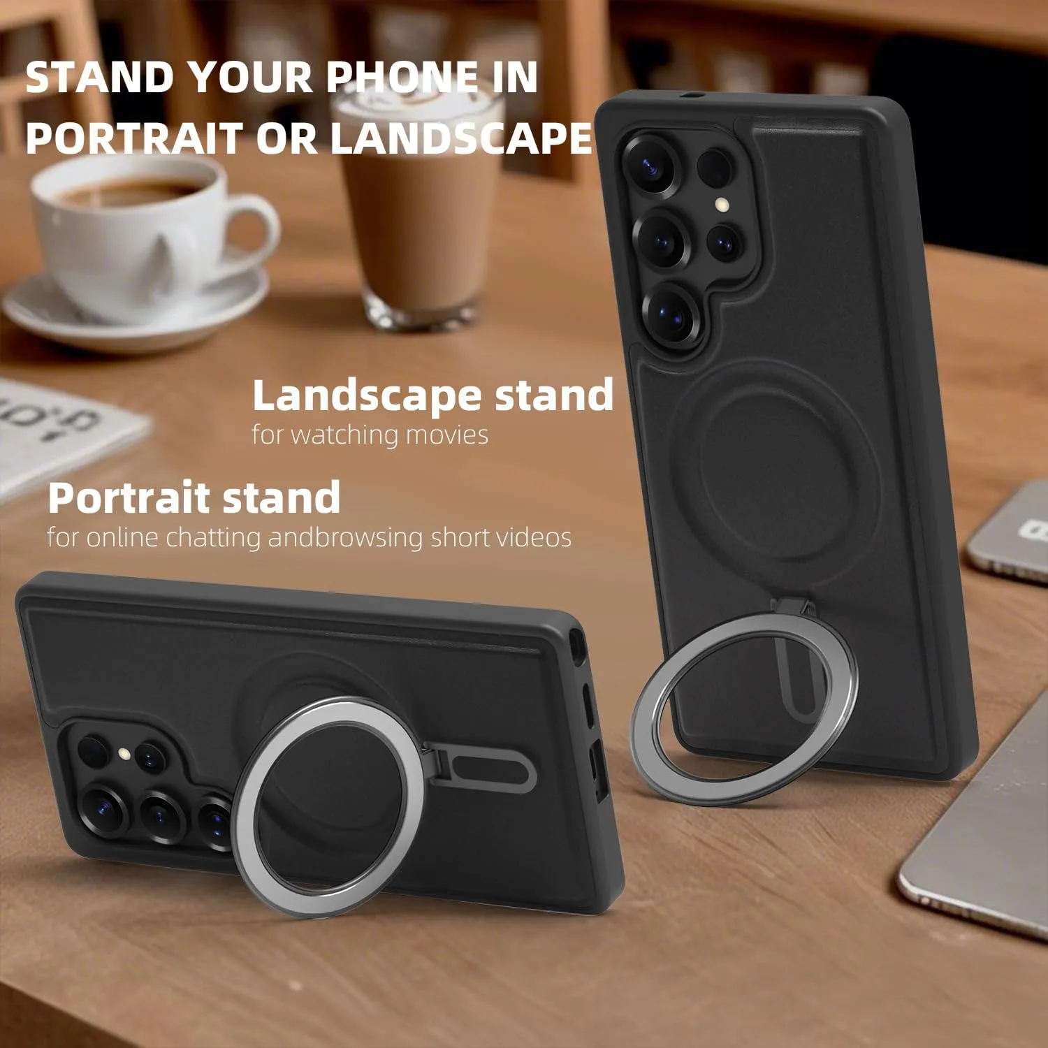 Magnetic Stand for Samsung Galaxy S23 Case with Ring Holder, Compatible with Magsafe Slim Faux Leather Comfort Grip Shockproof Protection Kickstand Case, Brown