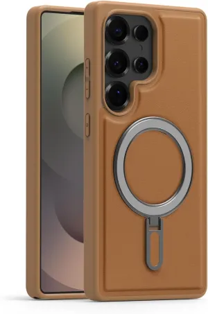 Magnetic Stand for Samsung Galaxy S23 Case with Ring Holder, Compatible with Magsafe Slim Faux Leather Comfort Grip Shockproof Protection Kickstand Case, Brown