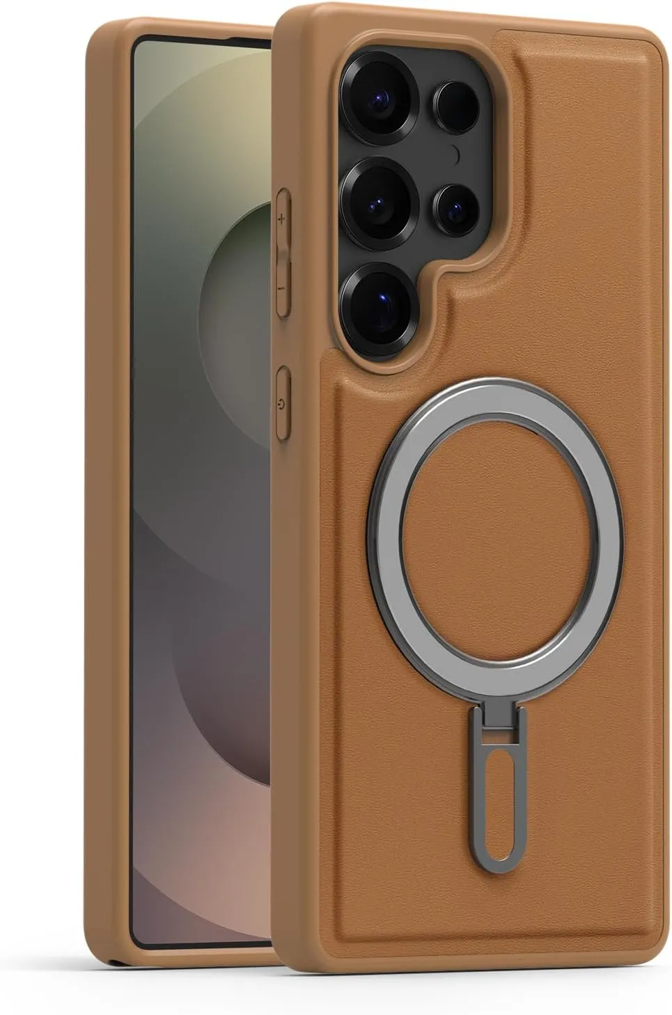 Magnetic Stand for Samsung Galaxy S23 Case with Ring Holder, Compatible with Magsafe Slim Faux Leather Comfort Grip Shockproof Protection Kickstand Case, Brown