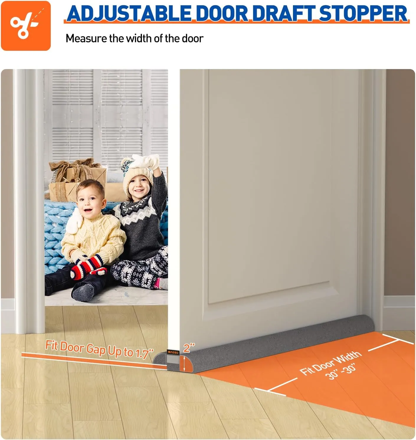 MAGZO Door Draft Stopper, 36 Inch Adjustable Under Door Gap Filler, Fits 30'' - 36'' Bottom Widths, Seals Gaps up to 1.7", Soundproof Sweep Blocks Air, Noise, Light, Dust- Grey