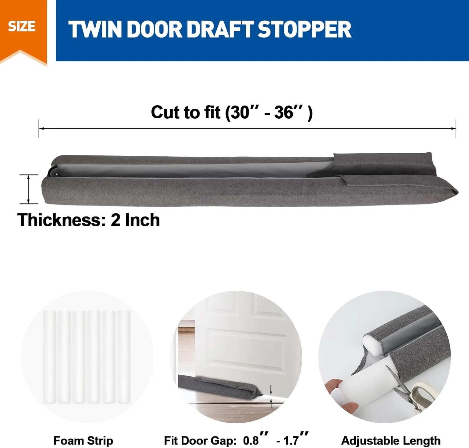 MAGZO Double Side Door Draft Stopper 36" Draft Guard Air Dust Blocker Save Energy Weighted Adjustable Length, Gray