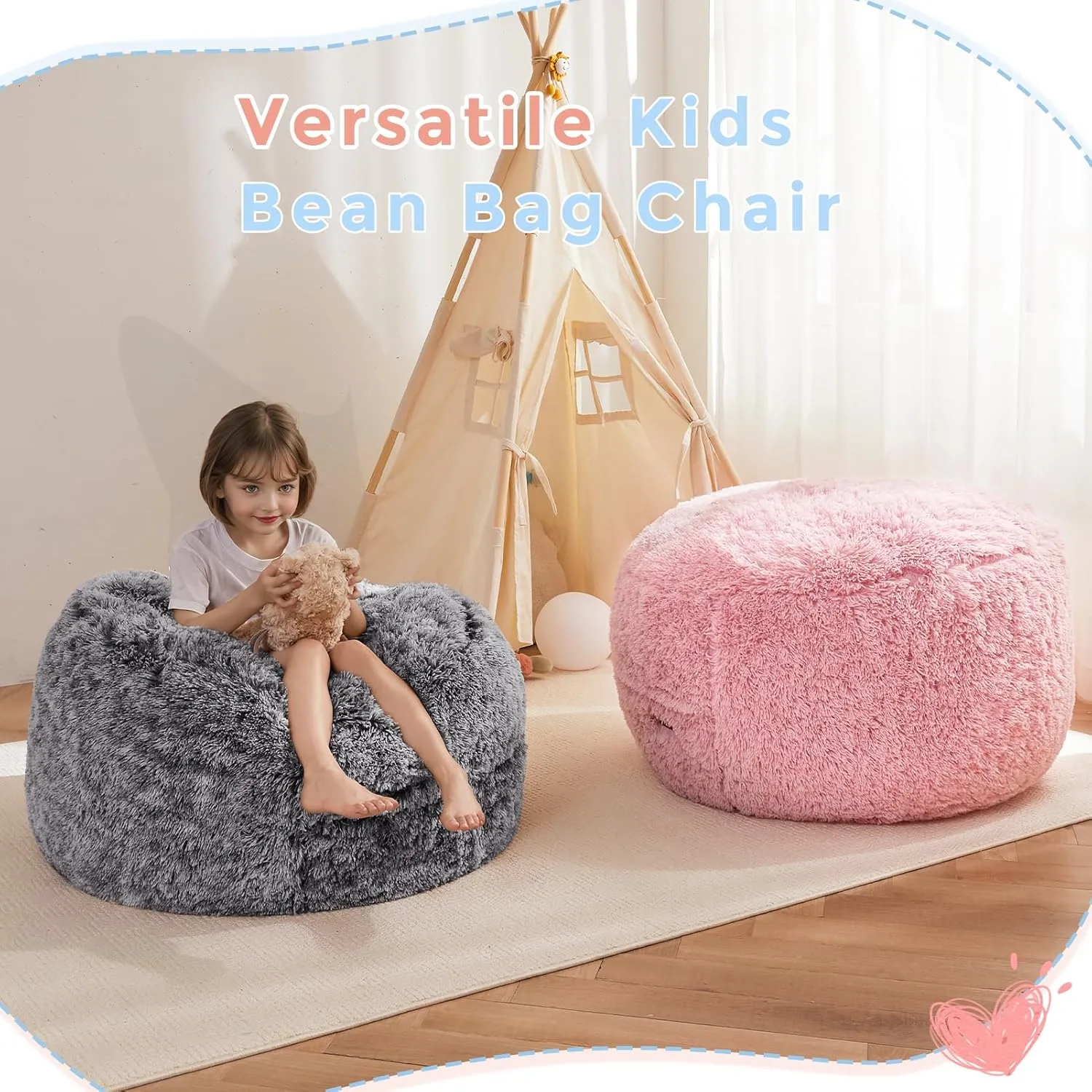 MAXYOYO Bean Bag Chair Bed for Kids, Plush Convertible Bean Bag Folds from Lazy Chair to Floor Mattress Bed, Stuffed Floor Sofa Couch for Boys and Girls, Machine Washable, Black