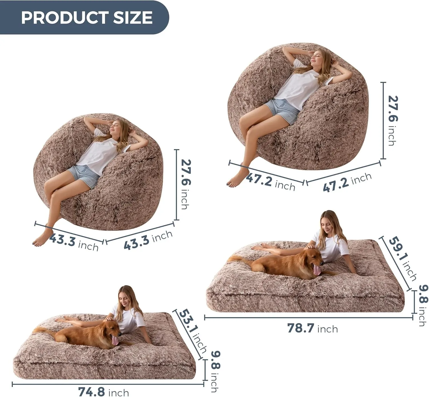 MAXYOYO Giant Bean Bag Chair Bed for Adults, Convertible Beanbag Folds from Lazy Chair to Floor Mattress Bed, Large Floor Sofa Couch, Big Sofa Bed, High-Density Foam Filling, Machine Washable