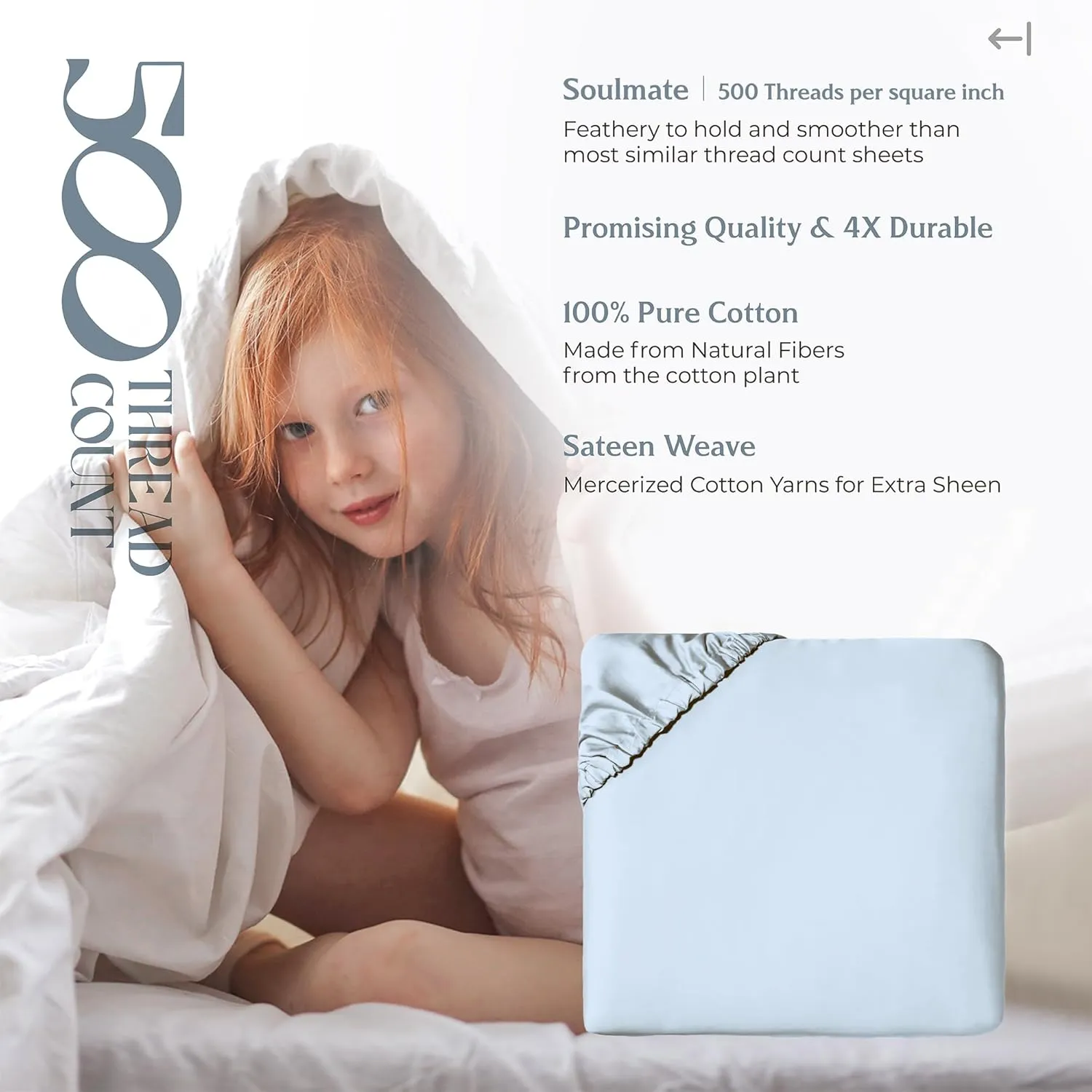 Mayfair Linen 100% Cotton Fitted Sheet King Size - 500 Thread Count Fitted Sheet King Cotton Only, Luxuriously Soft, Cooling 16" Deep Pocket Sateen Weave Bottom, Luxury Hotel Quality - Light Blue