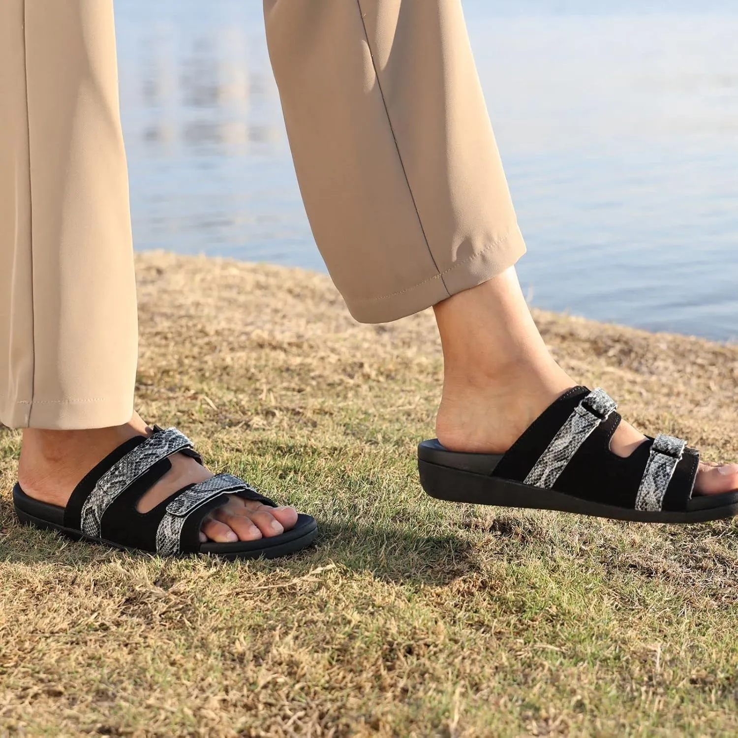 MEGNYA Women Comfortable Walking Sandals with Arch Support, Plantar Fasciitis Slides for Flat Feet Relieve, Orthopedic Sandals with Adjustable Straps