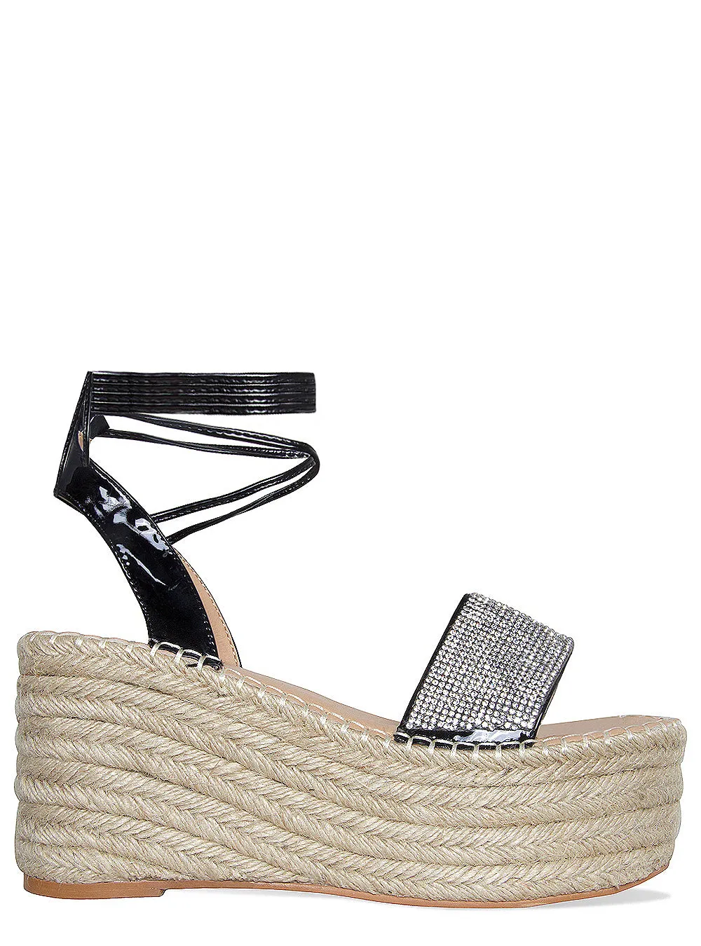 Melanie Black Diamante Lace Up Espadrille Flatforms