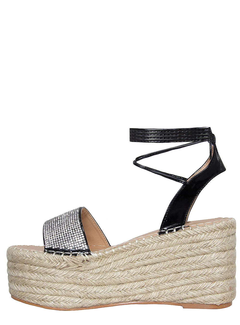 Melanie Black Diamante Lace Up Espadrille Flatforms