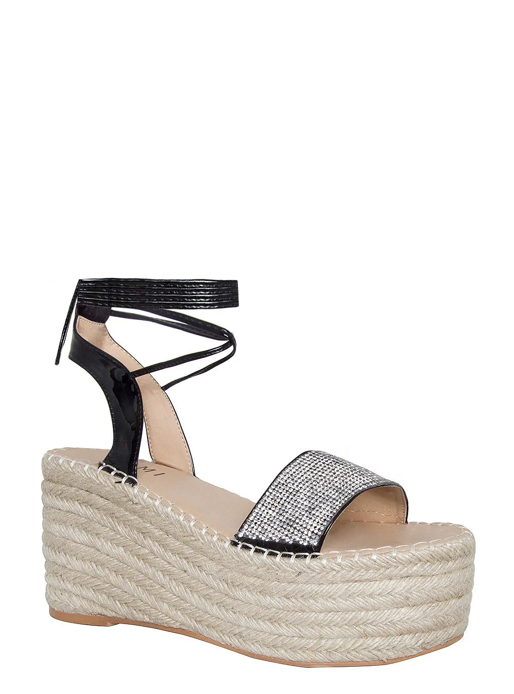 Melanie Black Diamante Lace Up Espadrille Flatforms