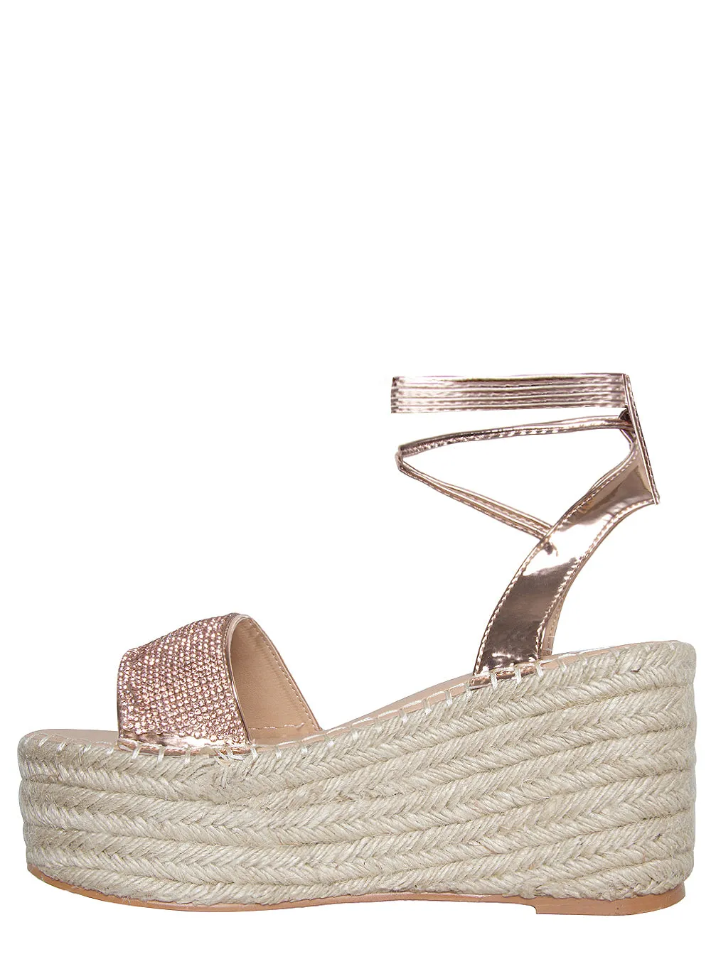 Melanie Rose Gold Diamante Lace Up Espadrille Flatforms