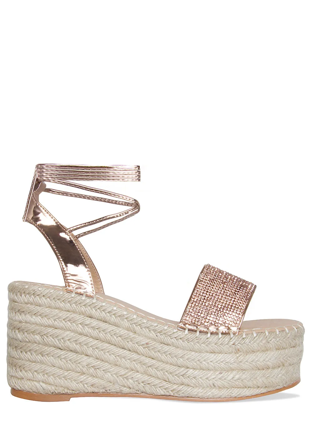 Melanie Rose Gold Diamante Lace Up Espadrille Flatforms