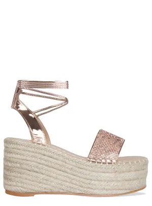 Melanie Rose Gold Diamante Lace Up Espadrille Flatforms
