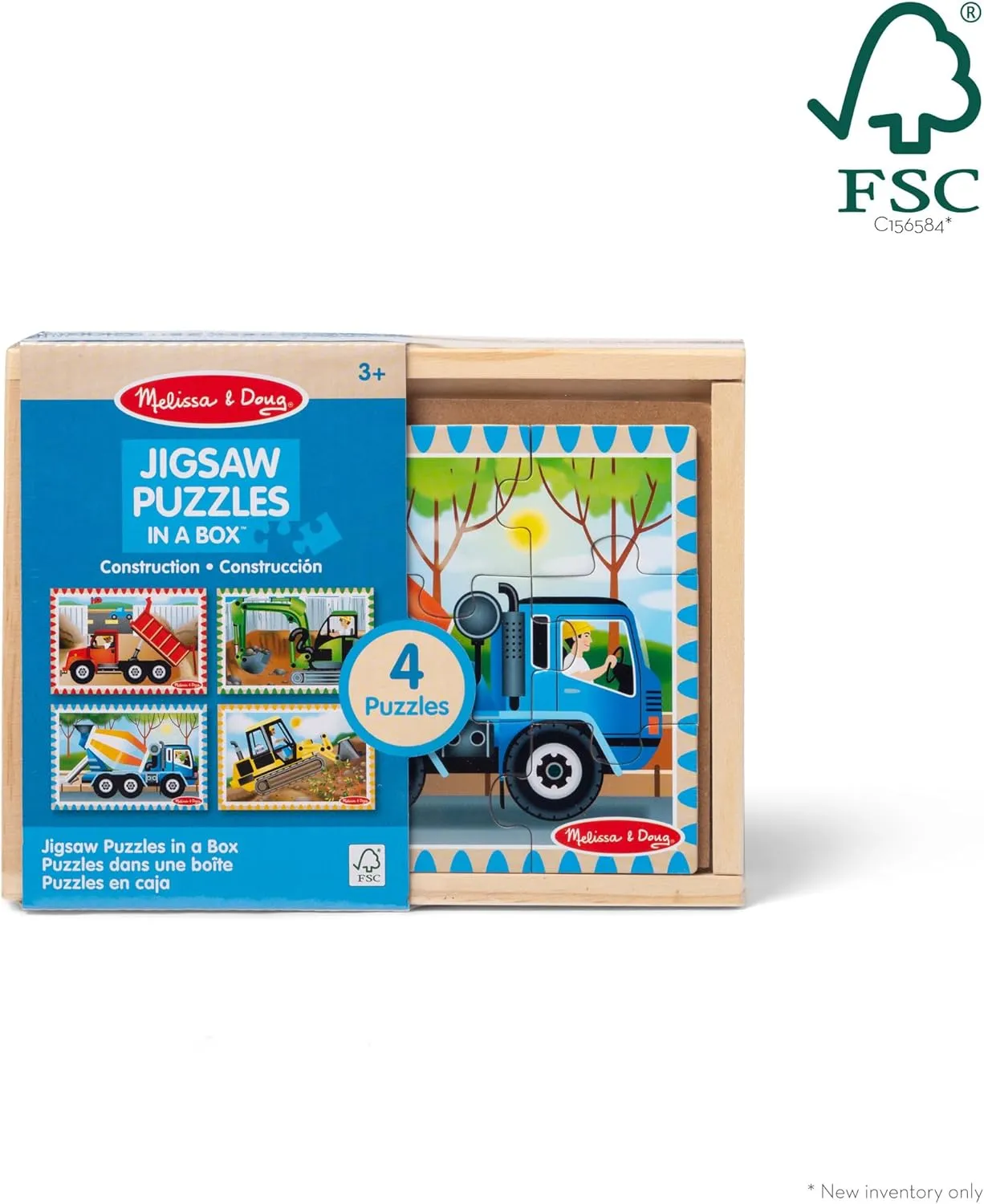 Melissa & Doug Construction Vehicles 4-in-1 Wooden Jigsaw Puzzles in a Box (48 pcs) - FSC Certified