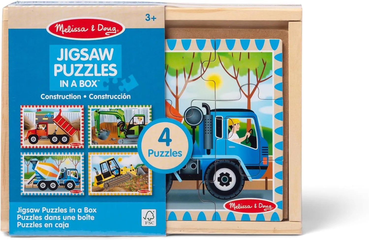 Melissa & Doug Construction Vehicles 4-in-1 Wooden Jigsaw Puzzles in a Box (48 pcs) - FSC Certified