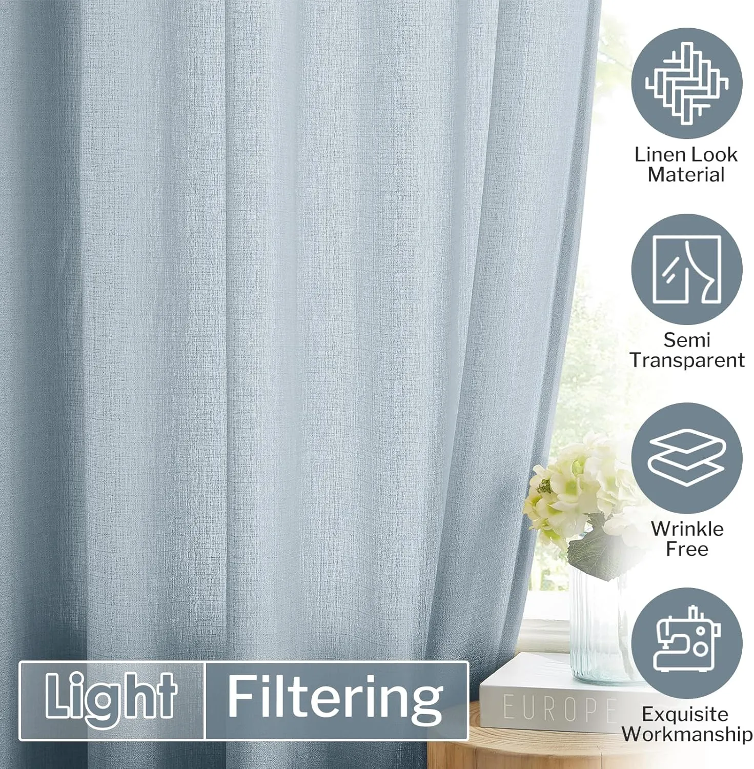 Melodieux Dusty Blue Semi Sheer Curtains 96 Inches Long for Living Room, Bedroom Faux Linen Light Filtering Grommet Privacy Sheer Drapes, 52 by 96 Inch, 2 Panels