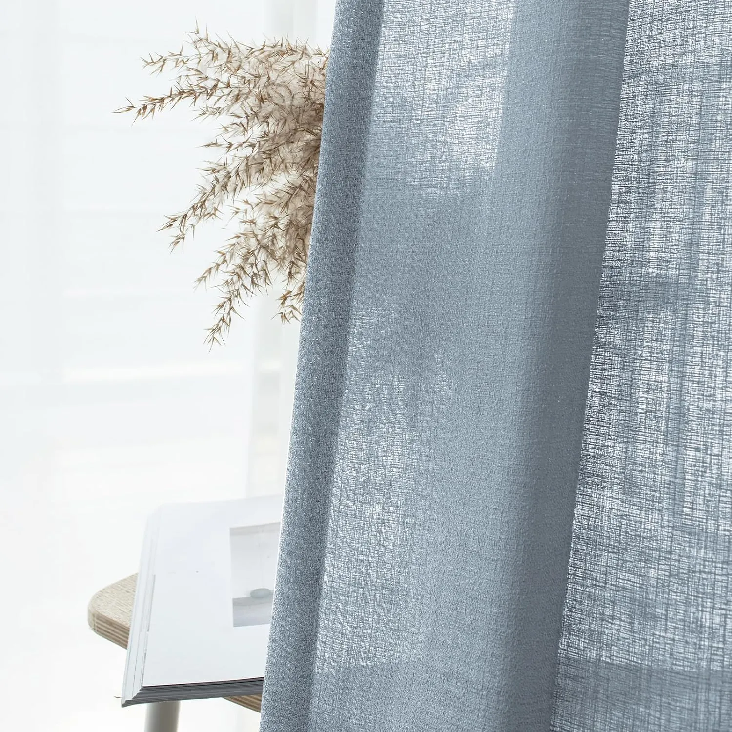 Melodieux Dusty Blue Semi Sheer Curtains 96 Inches Long for Living Room, Bedroom Faux Linen Light Filtering Grommet Privacy Sheer Drapes, 52 by 96 Inch, 2 Panels