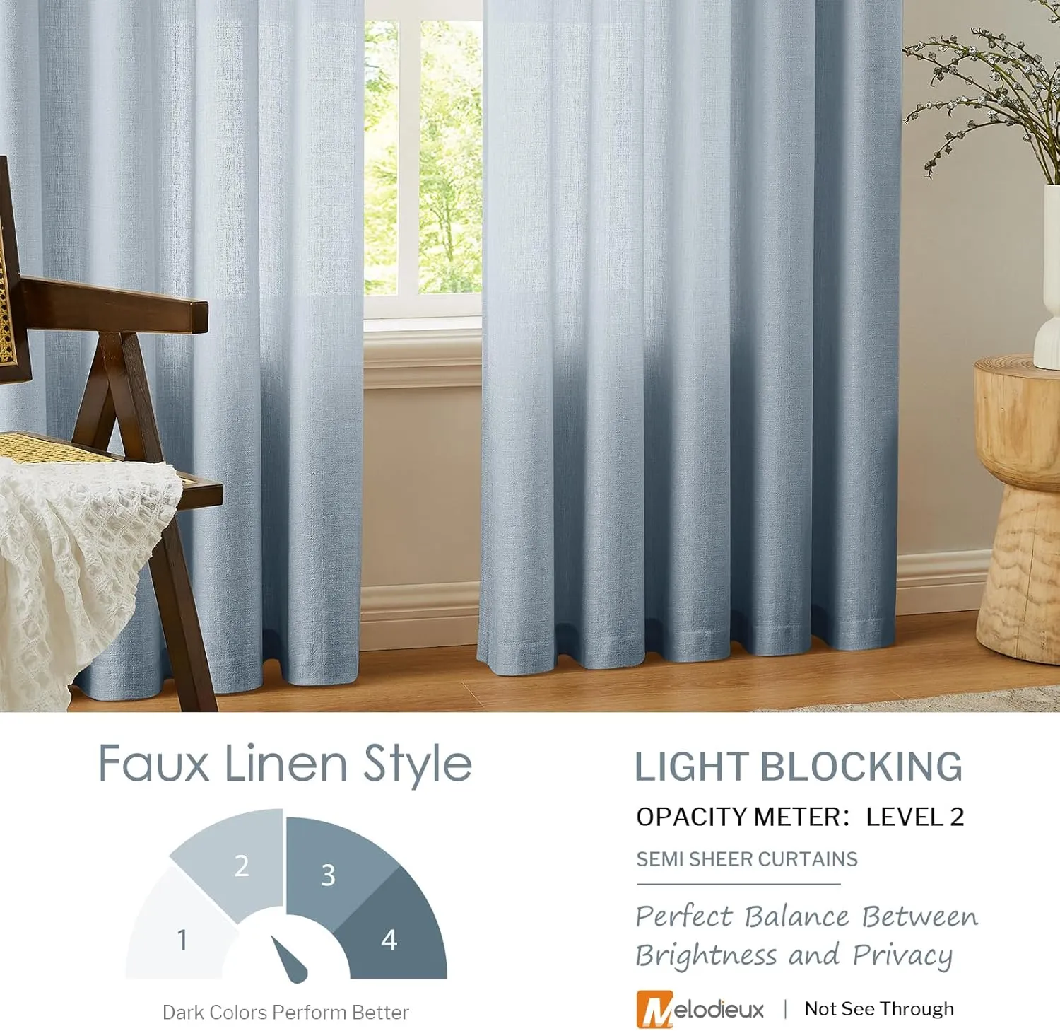 Melodieux Dusty Blue Semi Sheer Curtains 96 Inches Long for Living Room, Bedroom Faux Linen Light Filtering Grommet Privacy Sheer Drapes, 52 by 96 Inch, 2 Panels