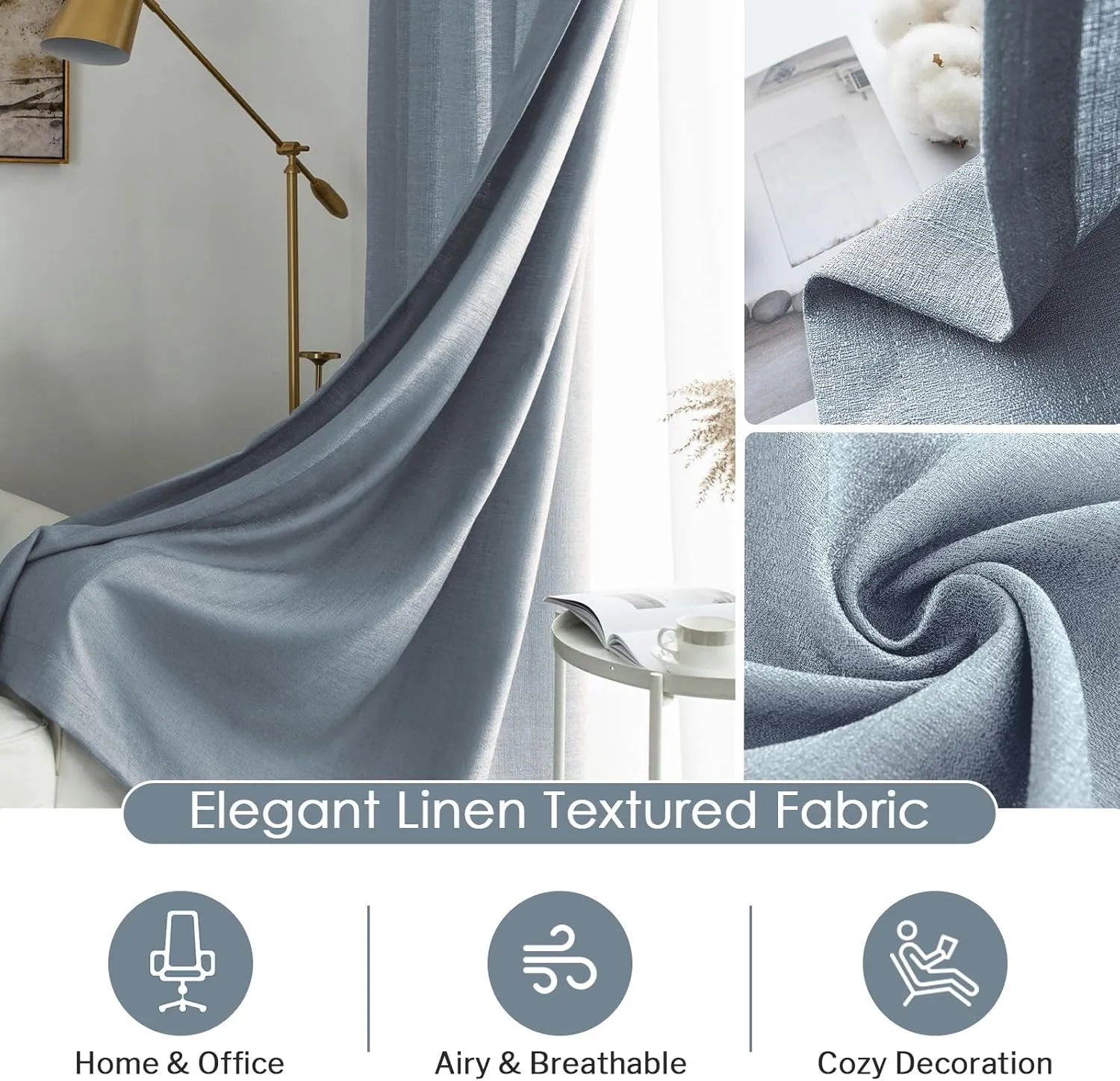 Melodieux Dusty Blue Semi Sheer Curtains 96 Inches Long for Living Room, Bedroom Faux Linen Light Filtering Grommet Privacy Sheer Drapes, 52 by 96 Inch, 2 Panels