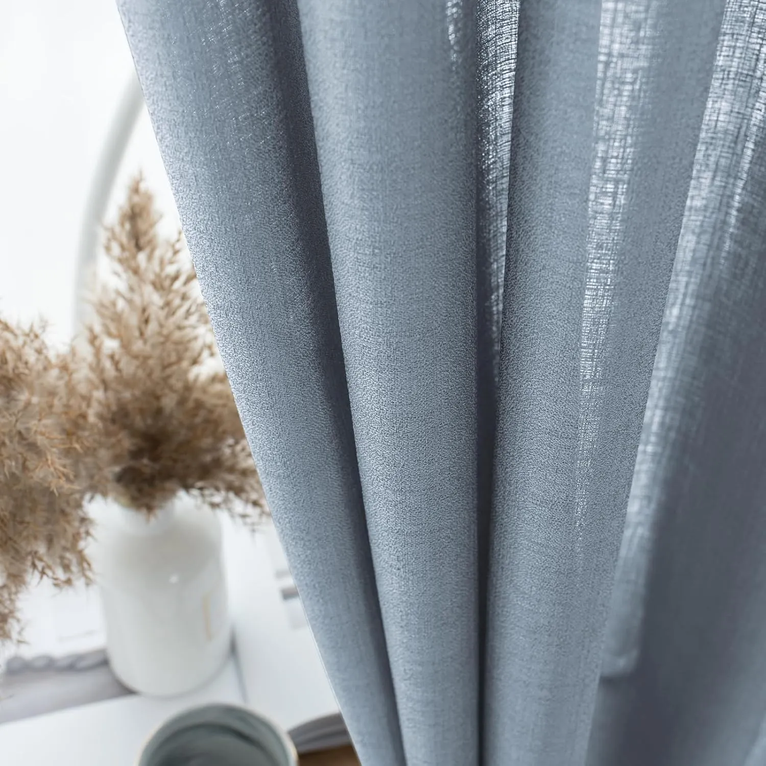 Melodieux Dusty Blue Semi Sheer Curtains 96 Inches Long for Living Room, Bedroom Faux Linen Light Filtering Grommet Privacy Sheer Drapes, 52 by 96 Inch, 2 Panels