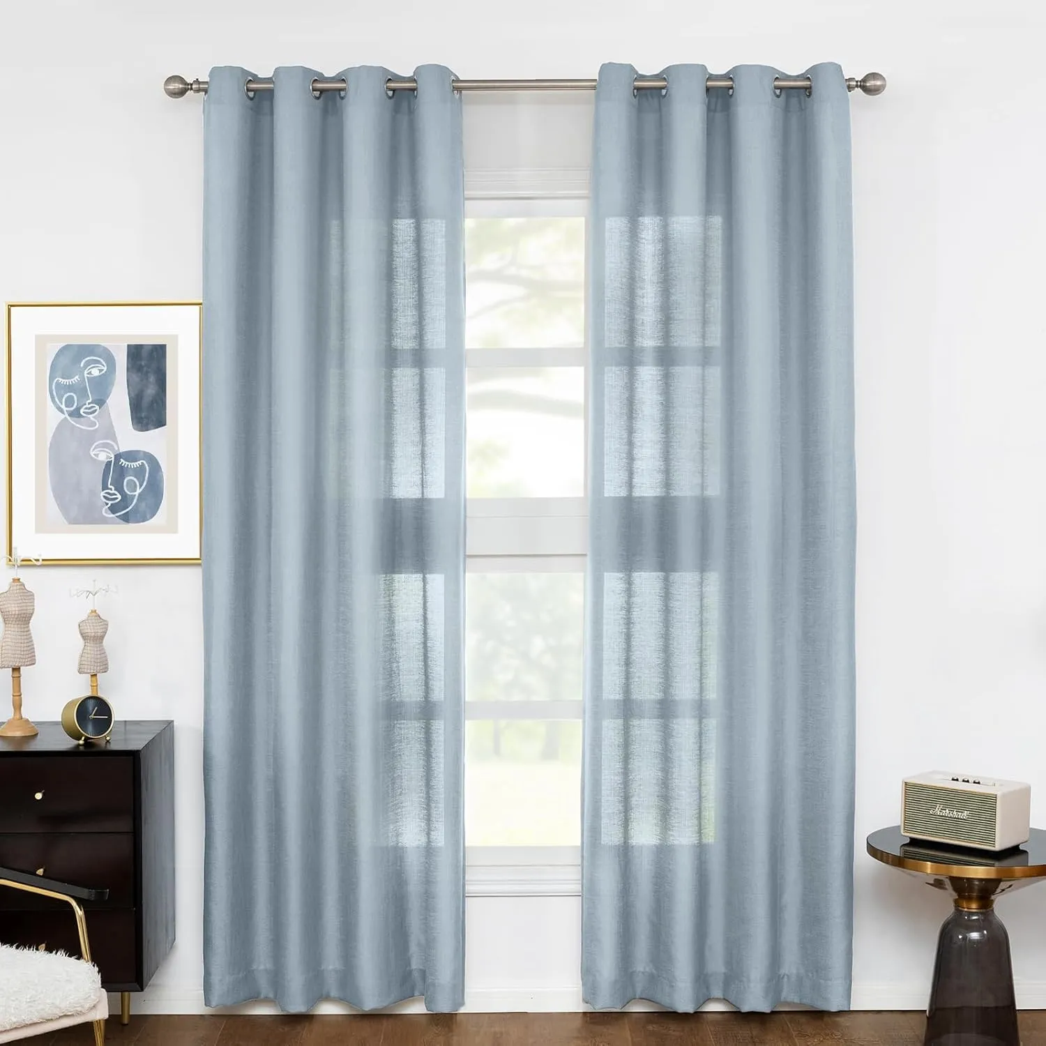 Melodieux Dusty Blue Semi Sheer Curtains 96 Inches Long for Living Room, Bedroom Faux Linen Light Filtering Grommet Privacy Sheer Drapes, 52 by 96 Inch, 2 Panels