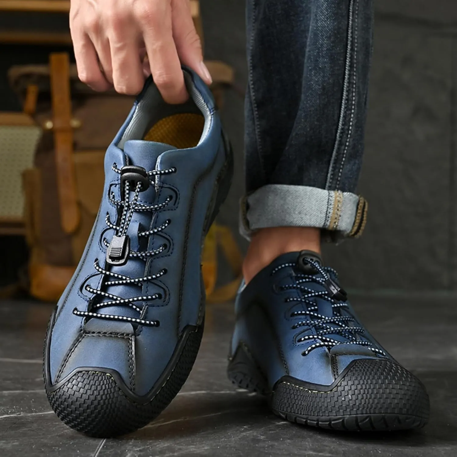 Men's Casual Driving Loafers with Elastic Band & Quick-Lace System - Slip-Resistant Outsole Shoes with Handmade Stitching Comfort Stitch Sole for Office Outdoor Activities Daily Wear