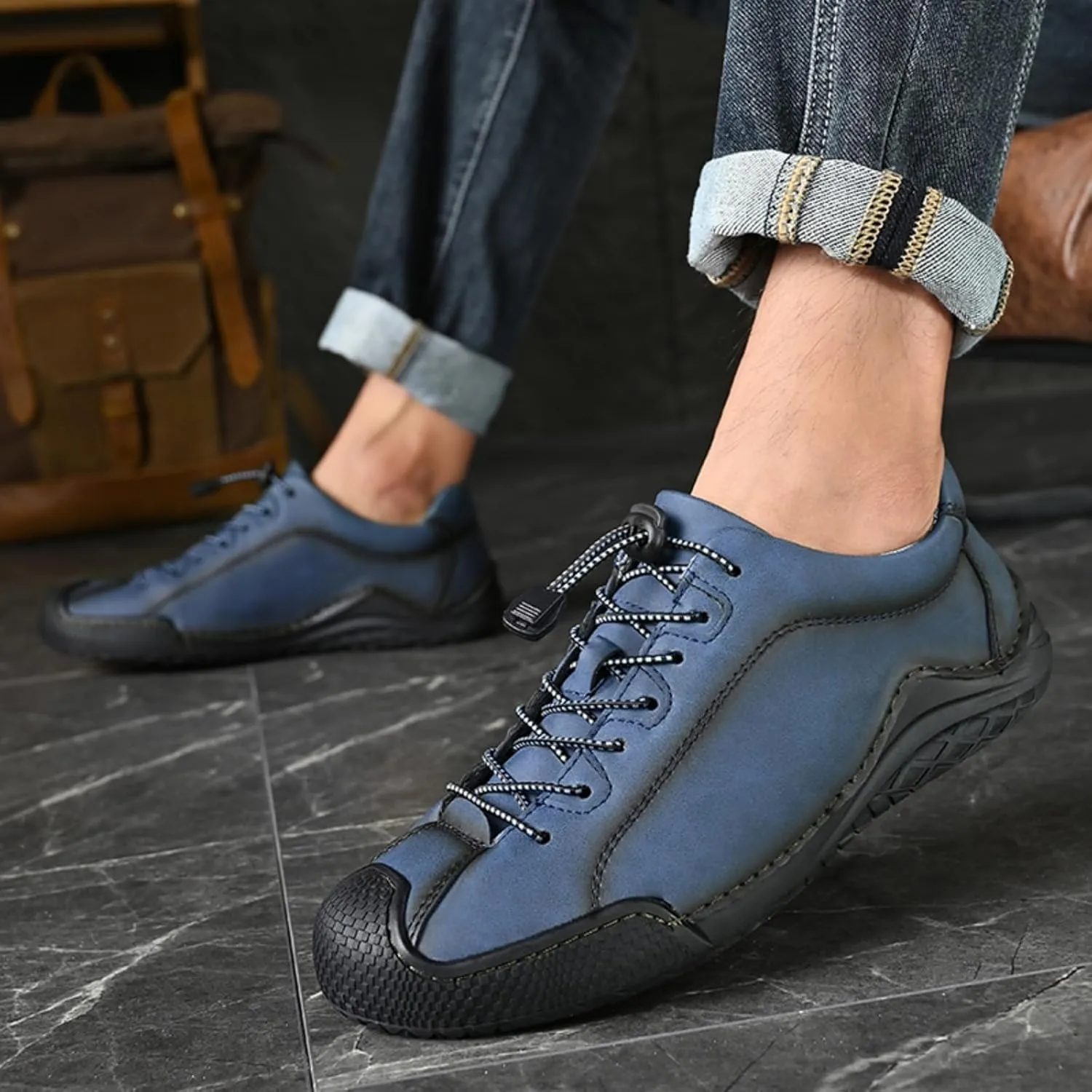 Men's Casual Driving Loafers with Elastic Band & Quick-Lace System - Slip-Resistant Outsole Shoes with Handmade Stitching Comfort Stitch Sole for Office Outdoor Activities Daily Wear