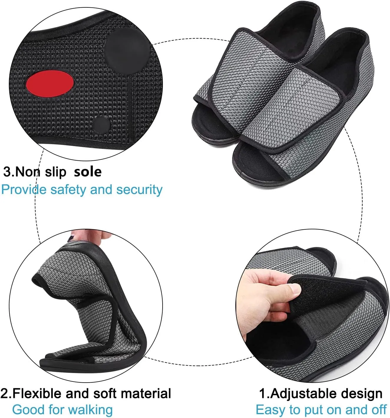Men’s Diabetic Recovery Slippers Open Toe Wide Width Edema Shoes Adjustable Walking Shoes Memory Foam Slide Slippers Footwear for Arthritis Swollen Feet Elderly Senior Indoor Outdoor Use