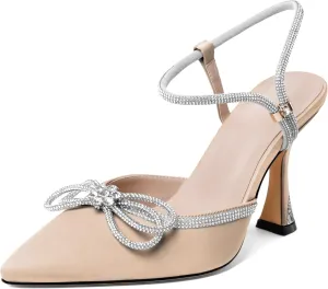 Mettesally Women's Rhinestone Bow Heels Pointed Toe High Heeled Sandals Ankle Strap Slingback Pumps Wedding Bride Satin Shoes 3.5 Inch