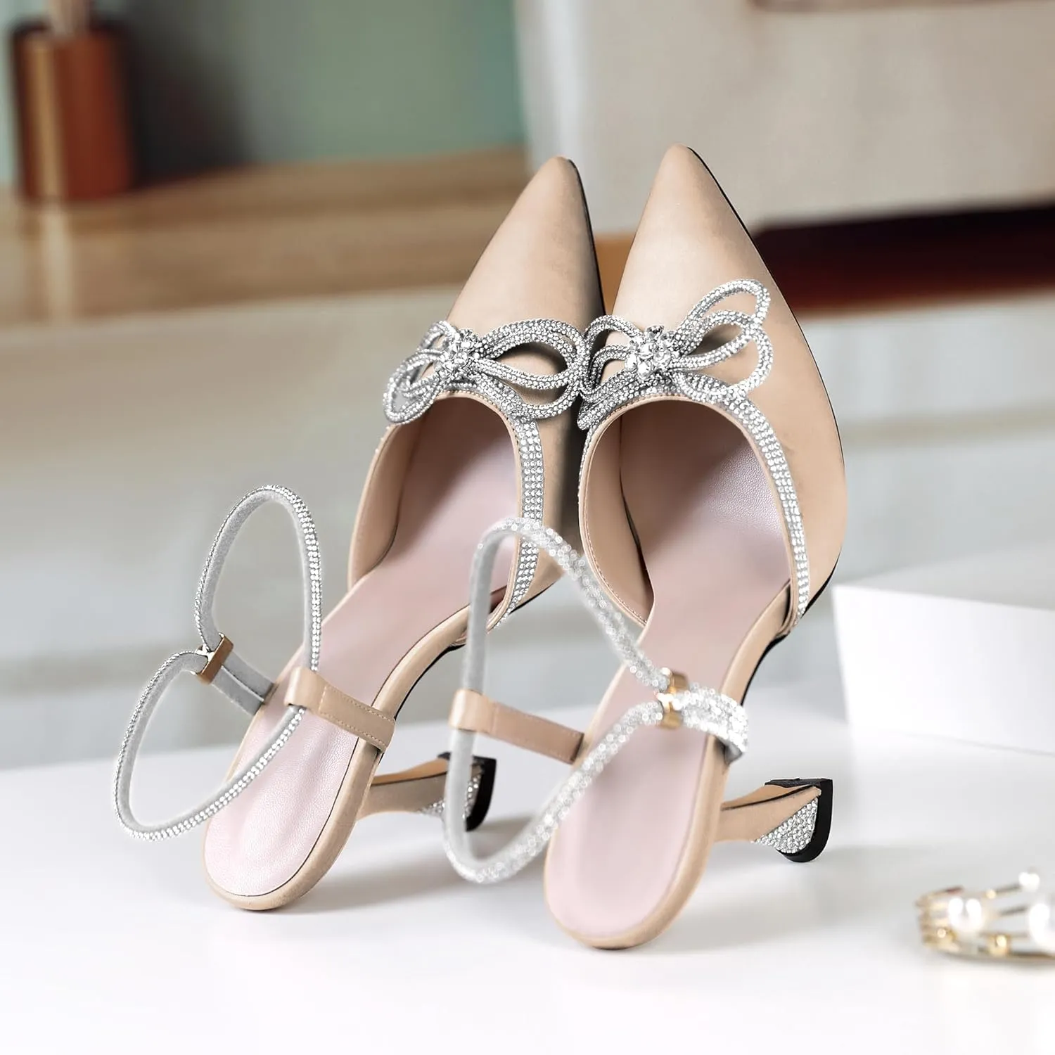 Mettesally Women's Rhinestone Bow Heels Pointed Toe High Heeled Sandals Ankle Strap Slingback Pumps Wedding Bride Satin Shoes 3.5 Inch