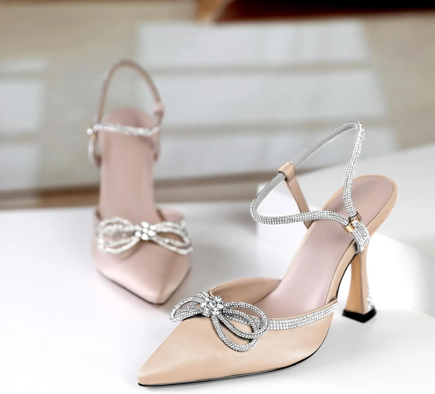 Mettesally Women's Rhinestone Bow Heels Pointed Toe High Heeled Sandals Ankle Strap Slingback Pumps Wedding Bride Satin Shoes 3.5 Inch