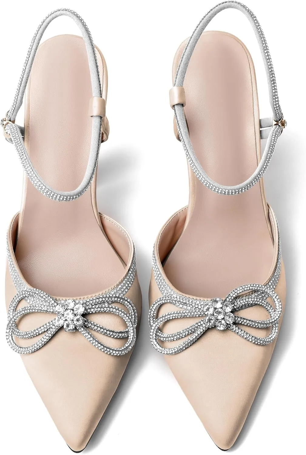Mettesally Women's Rhinestone Bow Heels Pointed Toe High Heeled Sandals Ankle Strap Slingback Pumps Wedding Bride Satin Shoes 3.5 Inch