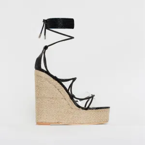 Misty Black Snake Print Clear Lace Up Espadrille Wedges