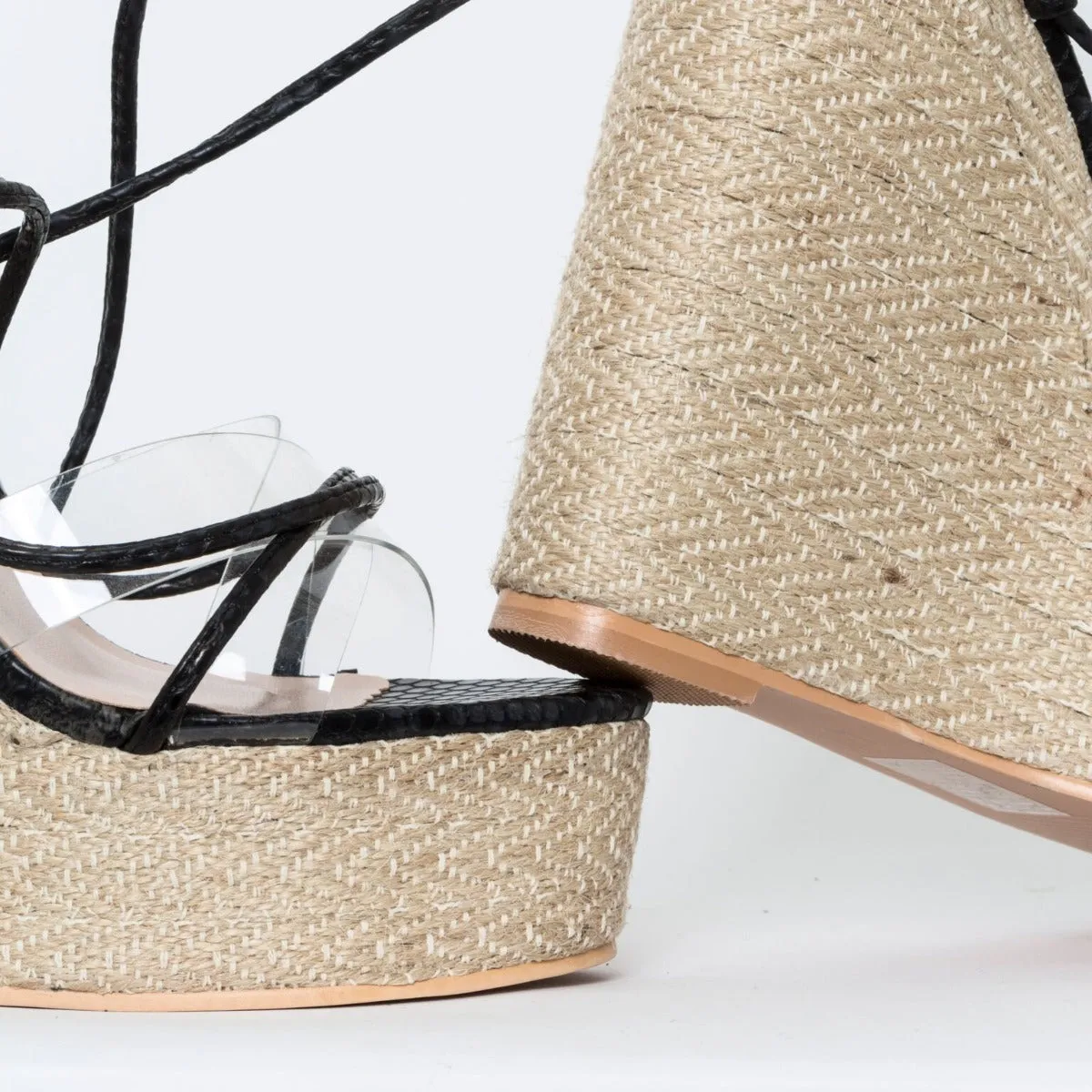Misty Black Snake Print Clear Lace Up Espadrille Wedges