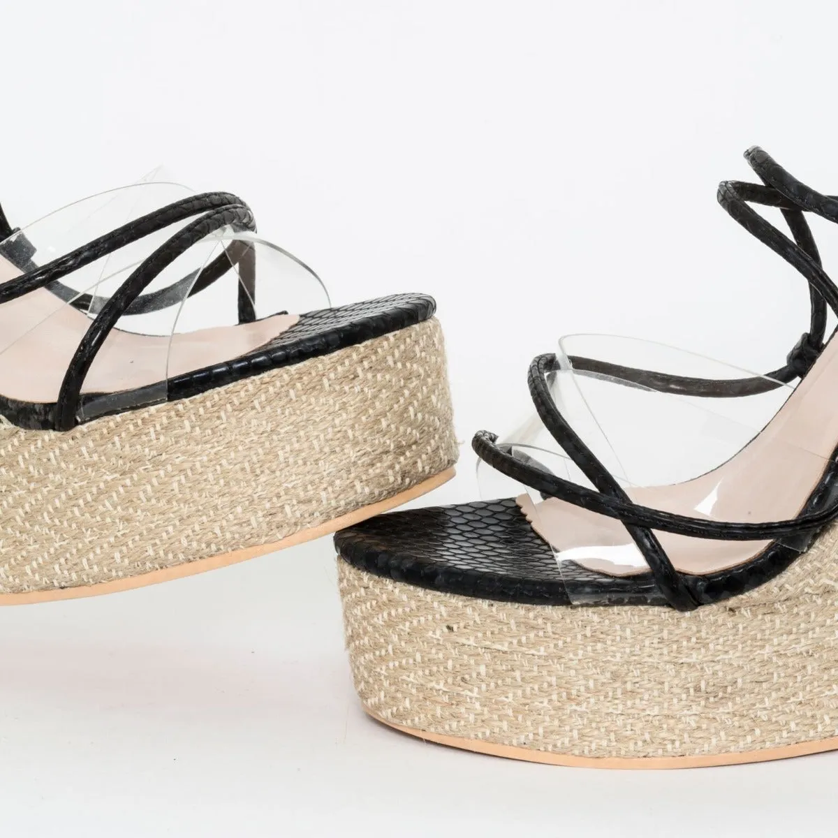 Misty Black Snake Print Clear Lace Up Espadrille Wedges
