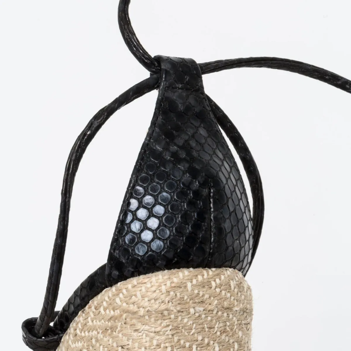 Misty Black Snake Print Clear Lace Up Espadrille Wedges
